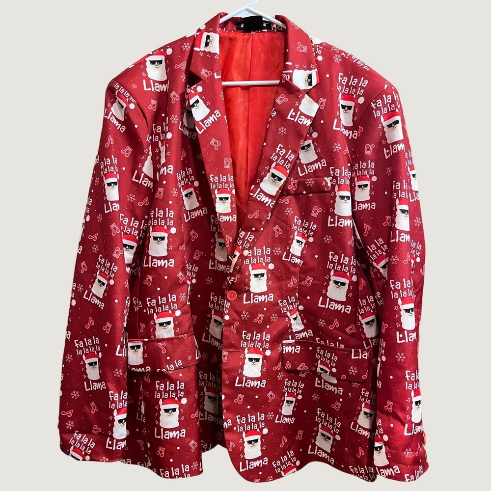 Suitmeister Christmas Blazer Mens XL Red Fa La La Llama Festive Holiday Jacket